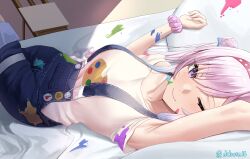 1girl adapted_costume airani_iofifteen airani_iofifteen_(1st_costume) armpits blue_overalls blush breasts dobure18 highres hololive hololive_indonesia large_breasts lying on_back on_bed one_eye_closed overalls pillow purple_eyes purple_hair shirt solo virtual_youtuber white_shirt