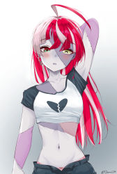 Rule 34 | ahoge, alternate costume, blouse, blush, crop top, demise (official makuu), earrings, hair down, hand up, heterochromia, highres, hololive, hololive indonesia, jewelry, kureiji ollie, midriff, multicolored eyes, multicolored hair, navel, panties, print shirt, shirt, solo, stitched arm, stitched face, stitched neck, stitched torso, stitches, underwear, virtual youtuber, white shirt, zombie