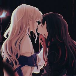 Rule 34 | 2girls, azusawa kohane, belt, birdcage, black hair, black jacket, blonde hair, blue hair, blue jacket, blurry, boots, braid, cage, chain, commentary, cropped, depth of field, earrings, highres, hoop earrings, imminent kiss, jacket, jewelry, light particles, looking at another, multicolored hair, multiple girls, project sekai, red hair, shiraishi an, shirt, skirt, streaked hair, symbol-only commentary, touyaluvrr, two-sided fabric, two-sided jacket, upper body, whip the wimp girl!! (project sekai), white jacket, white shirt, yuri