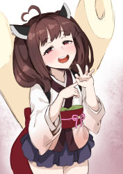 Rule 34 | 1girl, ahoge, blue skirt, blush, brown hair, chikuwa, food, half-closed eyes, headgear, highres, japanese clothes, kiritanpo (food), library, looking at viewer, obi, open mouth, penetration gesture, pleated skirt, red eyes, sash, simple background, skirt, solo, tkhs, touhoku kiritan, twintails, voiceroid, wide sleeves