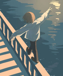 Rule 34 | 1boy, absurdres, avogado6, balancing, black pants, bridge, brown footwear, brown hair, commentary request, facing away, from above, from behind, full body, highres, long sleeves, male focus, night, on railing, original, outdoors, outstretched arms, pants, railing, shirt, shoes, solo, standing, walking, walking on railing, water, white shirt