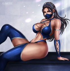 Rule 34 | 1girl, black hair, blue thighhighs, breasts, brown eyes, cleavage, covered mouth, earrings, elbow gloves, flowerxl, gloves, jewelry, kitana, large breasts, long hair, mask, midway, midway games, mortal kombat (series), mortal kombat (series), mortal kombat 9, ninja, sitting, solo, thighhighs