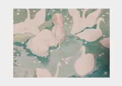 Rule 34 | 1girl, afloat, arm support, bird, blonde hair, border, chisato charme, commentary, dress, facing to the side, flower, flower on liquid, from above, hairband, long dress, long hair, original, outdoors, partially submerged, shallow water, sitting, sleeves past elbows, solo, surrounded, swan, symbol-only commentary, water, white border, white dress, white flower, white hairband