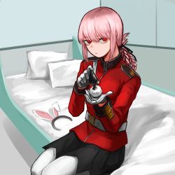Rule 34 | 1girl, animal ears, badnick69 (camchi), bed, belt, black skirt, braid, braided ponytail, breasts, butt plug, closed mouth, fake animal ears, fake tail, fate/grand order, fate (series), florence nightingale (fate), gloves, hair tie, holding, jacket, korean commentary, long hair, long sleeves, looking at viewer, military, military uniform, on bed, pantyhose, pillow, pink hair, rabbit ears, rabbit tail, red eyes, red jacket, sex toy, sitting, skirt, solo, tail, uniform, white gloves, white pantyhose