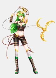 Rule 34 | 1girl, armor, armpits, belt, boots, borrowed character, breasts, cleavage, elbow gloves, fingerless gloves, full body, gloves, goggles, goggles on head, grapnel, grappling hook, green hair, highres, long hair, midriff, navel, omocha-san, original, pauldrons, rynn (acerailgun), shoulder armor, simple background, single pauldron, solo, standing, thigh boots, thighhighs, vambraces, watermark, web address, yellow eyes