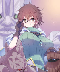 Rule 34 | 1girl, 3others, adjusting eyewear, aussa (yu-gi-oh!), aussa the earth channeler, aussa the earth charmer, belt, big piece golem, breast rest, breasts, brown belt, brown eyes, brown hair, closed mouth, coat, commentary request, cowboy shot, creature, duel monster, glasses, green sweater, hair between eyes, hand up, highres, hood, hood down, hooded coat, jewelry, large breasts, looking at viewer, medium piece golem, mosui (kori can), multiple others, necklace, partial commentary, ribbed sweater, short hair, sidelocks, sleeveless, sleeveless turtleneck, small piece golem, smile, solo focus, standing, sweater, turtleneck, turtleneck sweater, white coat, yu-gi-oh!