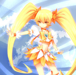 Rule 34 | 10s, 1girl, blonde hair, blue background, bow, breasts, brooch, brown eyes, cure sunshine, dextral, gloves, hair ribbon, heart, heart brooch, heartcatch precure!, long hair, magical girl, midriff, myoudouin itsuki, navel, orange skirt, precure, ribbon, skirt, smile, solo, twintails, very long hair, yellow bow, yellow eyes