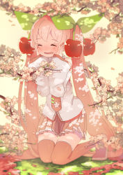 Rule 34 | 1girl, bad id, bad pixiv id, blush, boots, cherry, cherry blossoms, detached sleeves, food, fruit, hands on own cheeks, hands on own face, hatsune miku, kinokoko-kino, kneeling, long hair, necktie, petals, pink footwear, pink hair, sakura miku, skirt, solo, thigh boots, thighhighs, twintails, very long hair, vocaloid