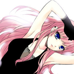 Rule 34 | 1girl, armpits, arms up, bad id, bad pixiv id, blue eyes, breasts, etou (cherry7), gloves, long hair, looking at viewer, medium breasts, megurine luka, pink hair, simple background, solo, very long hair, vocaloid, white background
