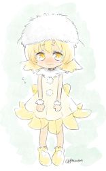 Rule 34 | 1girl, 3:, blonde hair, blush, commentary, dandelion, dress, flower, fluffy, full body, hat, looking at viewer, medium hair, original, panzuban, personification, pom pom (clothes), simple background, sketch, solo, twitter username, yellow eyes