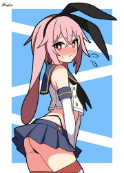 1boy animal_ear_hairband animal_ears ansel_(arknights) arknights artist_name ass bare_shoulders between_legs black_hairband black_neckerchief black_panties blue_background blue_sailor_collar blue_skirt blush border bright_pupils closed_mouth cosplay cowboy_shot cropped_shirt crossdressing crossed_bangs elbow_gloves embarrassed flying_sweatdrops from_side frown gloves hairband hand_between_legs hendra highleg highleg_panties looking_at_viewer lop_rabbit_ears male_focus microskirt midriff navel neckerchief nose_blush outside_border panties pink_hair pleated_skirt rabbit_boy rabbit_ear_hairband rabbit_ears red_eyes red_thighhighs sailor_collar school_uniform serafuku shimakaze_(kancolle) shimakaze_(kancolle)_(cosplay) shirt short_hair signature simple_background skirt sleeveless sleeveless_shirt solo striped_clothes striped_thighhighs thighhighs thong trap underwear white_border white_gloves white_pupils white_shirt