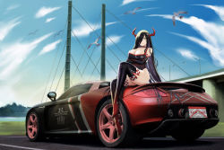 Rule 34 | 1girl, absurdres, alternate costume, azur lane, bird, black hair, boots, breasts, bridge, car, character name, cloud, cloudy sky, copyright name, day, friedrich der grosse (azur lane), full body, hair over one eye, highres, horns, iron blood (emblem), kcar66t, large breasts, license plate, long hair, motor vehicle, porsche, porsche carrera gt, product placement, race queen, sky, sports car, thigh boots, thighs, vehicle focus