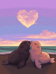 Rule 34 | beach, blush stickers, brown fur, closed eyes, closed mouth, commentary, commission, english commentary, facing another, full body, heart-shaped cloud, highres, no humans, ocean, original, outdoors, pixel art, purple sky, seal (animal), sky, tofupixel, twilight
