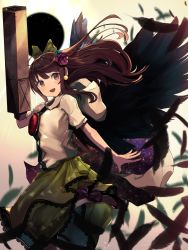 Rule 34 | 1girl, absurdres, arm cannon, arm up, black sun, black wings, bow, breasts, brown hair, cape, feathered wings, feathers, floating hair, flower, green bow, green skirt, hair bow, hair flower, hair ornament, highres, kurowa (curowa), long hair, looking at viewer, medium breasts, puffy short sleeves, puffy sleeves, red eyes, reiuji utsuho, shirt, short sleeves, skirt, smile, solo, sun, third eye, touhou, weapon, white cape, white shirt, wings
