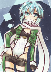 Rule 34 | 1girl, ahoge, black gloves, black shorts, blue eyes, blue hair, breasts, cleavage, contrapposto, cowboy shot, fingerless gloves, fujiwara minaho, gloves, green jacket, hair between eyes, hair ornament, hairclip, hand on own hip, jacket, leotard, looking at viewer, marker (medium), micro shorts, open clothes, open jacket, scarf, short hair, short shorts, shorts, sinon, small breasts, solo, standing, sword art online, thigh strap, traditional media, upper body, white leotard, white scarf