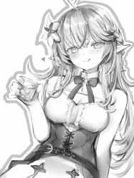 Rule 34 | 1girl, :q, ahoge, blush, bow, bowtie, braid, breasts, cleavage, cup, flower, greyscale, hair flower, hair ornament, highres, holding, holding cup, hololive, long hair, looking at viewer, medium breasts, monochrome, nanashi (nlo), pointy ears, simple background, smile, solo, tongue, tongue out, vest, virtual youtuber, white background, yukihana lamy