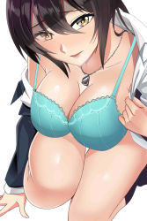 Rule 34 | 1girl, absurdres, aqua bra, black hair, blazer, bra, breasts, cleavage, dog tags, dress shirt, hair between eyes, high ponytail, highres, idolmaster, idolmaster shiny colors, jacket, jewelry, large breasts, looking at viewer, necklace, open clothes, open mouth, open shirt, pdc, ponytail, shirase sakuya, shirt, squatting, thighs, underwear, white shirt, yellow eyes