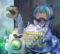 Rule 34 | 1girl, 1other, appliancer laundry dragon, basket, blue hair, dragon horns, dragon tail, duel monster, fingerless gloves, gloves, hatano kiyoshi, highres, holding, holding basket, horns, laundry basket, laundry dragonmaid, maid, non-humanoid robot, outdoors, rain, robot, robot dragon, sad, tail, taking shelter, wa maid, yellow eyes, yu-gi-oh!