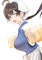 Rule 34 | 1girl, :d, ahoge, alcohol, apron, beer mug, breasts, brown eyes, brown hair, cup, dutch angle, from side, headdress, highres, holding, holding cup, isekai izakaya &quot;nobu&quot;, japanese clothes, large breasts, long hair, looking at viewer, mug, norman maggot, open mouth, ponytail, senke shinobu, short sleeves, simple background, smile, solo, waist apron, waitress, walking, white background