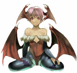 Rule 34 | 1girl, animal print, bad id, bad pixiv id, bare shoulders, bat print, bat wings, breasts, bridal gauntlets, capcom, cleavage, darkstalkers, elbow gloves, face, female focus, fingerless gloves, flat chest, fur trim, gloves, head wings, leotard, lilith (darkstalkers), pantyhose, print pantyhose, purple hair, red eyes, small breasts, smile, solo, taria, white background, wings