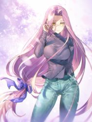 Rule 34 | 1girl, bikkusama, black sweater, blue pants, blue ribbon, breasts, casual, closed mouth, commentary request, denim, fate/stay night, fate (series), floating hair, forehead, glasses, hair ribbon, hand in own hair, heaven&#039;s feel, highres, jeans, large breasts, lips, long hair, long sleeves, looking at viewer, medusa (fate), medusa (rider) (fate), official alternate costume, pants, pink hair, ribbon, smile, solo, sweater, turtleneck, turtleneck sweater, very long hair, yellow eyes