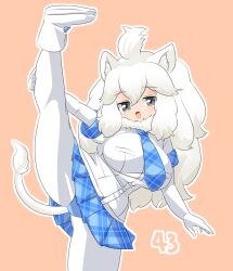 Rule 34 | 1girl, ahoge, animal ear fluff, animal ears, blue necktie, blue panties, blue skirt, blush, boots, breasts, buttons, commentary request, elbow gloves, foot out of frame, gloves, grey eyes, highres, kemono friends, large breasts, lets0020, lion ears, lion girl, lion tail, long hair, looking at viewer, medium bangs, miniskirt, necktie, numbered, open mouth, orange background, panties, pantyhose, plaid, plaid necktie, plaid skirt, pleated skirt, shirt, short sleeves, simple background, skirt, smile, solo, split, standing, standing on one leg, standing split, tail, underwear, white footwear, white gloves, white hair, white lion (kemono friends), white pantyhose, white shirt