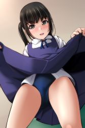 Rule 34 | 1girl, absurdres, black hair, blue buruma, blue dress, blue ribbon, blush, brown eyes, buruma, collared shirt, commentary request, dress, from below, full-face blush, highres, indoors, lifted by self, long sleeves, looking at viewer, looking down, matsunaga kouyou, neck ribbon, open mouth, original, pleated skirt, ribbon, school uniform, shirt, side ponytail, skirt, smile, solo, standing, suspender skirt, suspenders, tan background, upskirt, white shirt