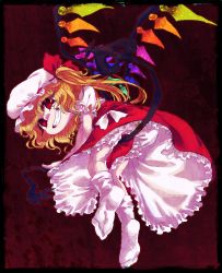 Rule 34 | 1girl, blonde hair, bloomers, flandre scarlet, grin, hat, mob cap, puffy short sleeves, puffy sleeves, red eyes, red skirt, shaded face, short sleeves, side ponytail, skirt, skirt set, smile, socks, solo, syoumikigengire, touhou, underwear, upskirt, vest, wings