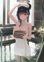 Rule 34 | 1girl, absurdres, arm up, black hair, blue archive, blush, breasts, cleavage, cowboy shot, hair ornament, hairpin, hallo (rltkdydrltk), halo, highres, indoors, large breasts, long hair, looking at viewer, naked towel, onsen, open mouth, partially submerged, red eyes, rio (blue archive), solo, towel, towel on head, water, white towel