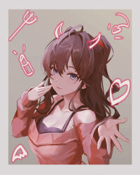 Rule 34 | 1girl, absurdres, ahoge, blue eyes, blush, breasts, brown hair, cleavage, collarbone, commentary request, drawn horns, hair between eyes, hand on own face, heart, highres, horns, ichinose shiki, idolmaster, idolmaster cinderella girls, lipstick, long hair, looking at viewer, makeup, medium breasts, off-shoulder sweater, off shoulder, open hand, parted lips, picture frame, pink sweater, polearm, purikura, purple shirt, qingli ye, shirt, sleeveless, sleeveless shirt, smile, sweater, trident, two side up, upper body, wavy hair, weapon