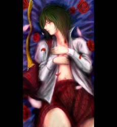 Rule 34 | 1girl, ascot, bad id, bad pixiv id, bed sheet, covering privates, covering breasts, closed eyes, female focus, flower, green hair, kazami yuuka, lying, no bra, nosaka eiji, on back, open clothes, open shirt, parted lips, petals, pillarboxed, plaid, plaid skirt, plaid vest, red flower, red rose, rose, shirt, short hair, skirt, skirt set, sleeping, solo, touhou, vest