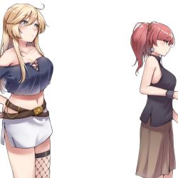 Rule 34 | 2girls, alternate costume, atlanta (kancolle), belt, blonde hair, blue eyes, blush, breasts, brown skirt, cleavage, closed mouth, earrings, fishnet legwear, fishnets, hair between eyes, highres, iowa (kancolle), jewelry, kantai collection, kiritto, large breasts, long hair, midriff, multiple girls, navel, red hair, simple background, single earring, single thighhigh, skirt, sleeveless, star-shaped pupils, star (symbol), star earrings, symbol-shaped pupils, thighhighs, two side up, white background, white skirt, yellow pupils