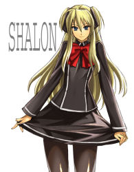 Rule 34 | 1girl, black dress, blonde hair, blue eyes, bow, bowtie, brown pantyhose, character name, contrapposto, dress, expressionless, long hair, long sleeves, looking at viewer, pantyhose, quiz magic academy, red bow, red bowtie, shalon, sidelocks, simple background, skirt hold, solo, standing, tetsu (kimuchi), very long hair, white background