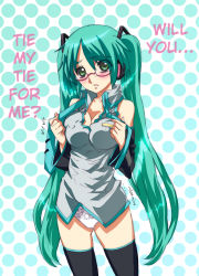 Rule 34 | 1girl, aqua hair, bespectacled, black thighhighs, blush, breasts, cleavage, detached sleeves, glasses, green eyes, hard-translated, hatsune miku, headset, highres, long hair, medium breasts, nagy, necktie, panties, polka dot, solo, thighhighs, third-party edit, translated, twintails, underwear, undressing, vocaloid, white panties