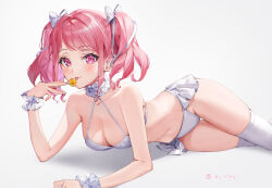 Rule 34 | 1girl, :p, bang dream!, bare shoulders, bikini, bikini skirt, blush, bow, breasts, candy, chupa chups, cleavage, closed mouth, collar, collarbone, commentary, cowboy shot, detached sleeves, fingernails, food, frilled collar, frills, gradient background, grey background, hair bow, halterneck, hand up, holding, holding candy, holding food, holding lollipop, light smile, lollipop, looking at viewer, lying, maruyama aya, medium breasts, medium hair, navel, on side, pink eyes, pink hair, rity, shadow, solo, stomach, swimsuit, thigh gap, thighhighs, tongue, tongue out, twintails, twitter username, white bikini, white collar, white thighhighs, wrist cuffs