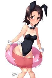 Rule 34 | 1girl, animal ears, artist name, black bow, black bowtie, black leotard, blush, bow, bowtie, breasts, brown eyes, brown hair, cameltoe, cleavage, closed mouth, collarbone, covered navel, dated, fake animal ears, girls und panzer, highres, innertube, kuzuryuu kennosuke, leotard, looking at viewer, one-piece tan, playboy bunny, rabbit ears, rabbit tail, sawa azusa, shiny skin, short hair, simple background, small breasts, smile, solo, standing, swim ring, tail, tan, tanline, thighs, white background