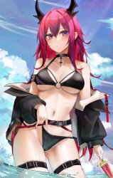 Rule 34 | 1girl, arknights, bare shoulders, belt, belt pouch, bikini, bikini pull, black bikini, black choker, black jacket, breasts, cameltoe, choker, clothes pull, contrapposto, cowboy shot, day, groin, halterneck, halterneck, highres, horns, jacket, long hair, long sleeves, looking at viewer, medium breasts, nail polish, navel, o-ring, o-ring bikini, off shoulder, open clothes, open jacket, outdoors, pouch, puffy sleeves, purple eyes, red hair, red nails, ru zhai, sidelocks, skindentation, solo, stomach, string bikini, surtr (arknights), swimsuit, thigh strap, thighs, very long hair, wading, water, wet