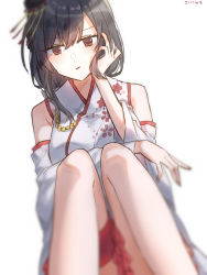 Rule 34 | 1girl, artist name, bad id, bad pixiv id, black hair, breasts, detached sleeves, floral print, hair ornament, headgear, japanese clothes, kantai collection, large breasts, long sleeves, red eyes, red skirt, saitu miki, short hair, simple background, sitting, skirt, solo, white background, wide sleeves, yamashiro (kancolle), yamashiro kai ni (kancolle)