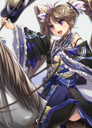 Rule 34 | 1girl, :d, blue thighhighs, brown hair, detached sleeves, floating hair, grey background, hair ornament, holding, horse, long hair, open mouth, purple eyes, riding, sengoku taisen, simple background, smile, solo, swept bangs, thighhighs, twintails, very long hair, yasu (yossy)