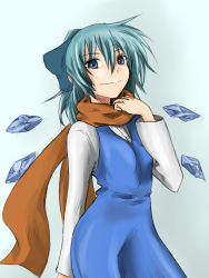 Rule 34 | blue dress, blue eyes, blue hair, bow, cirno, cirno-nee, dress, hair bow, ice, ice wings, konosuke dagame, long hair, long sleeves, looking at viewer, scarf, simple background, smile, solo, touhou, wings