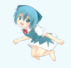 Rule 34 | 1girl, :d, barefoot, blue eyes, blue hair, blush, bow, cirno, clenched hands, cycloneyukari, dress, hair bow, large bow, looking at viewer, no wings, open mouth, short dress, short hair, smile, solo, touhou