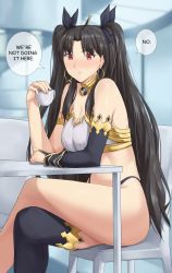 Rule 34 | armlet, bikini, black hair, black ribbon, black sleeves, black thighhighs, breasts, coffee mug, crossed legs, cup, detached sleeves, earrings, english text, fate/grand order, fate (series), hair ribbon, highres, holding, holding cup, hoop earrings, ishtar (fate), jewelry, large breasts, long hair, long sleeves, medium breasts, mismatched bikini, mug, neck ring, parted bangs, red eyes, ribbon, sarhce, single detached sleeve, single sleeve, single thighhigh, sitting, solo, speech bubble, swimsuit, thighhighs, two side up