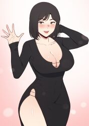 Rule 34 | 1girl, absurdres, black dress, black hair, blush, breasts, brown eyes, carcass (artist), chest tattoo, cleavage, dress, hands up, highres, large breasts, long sleeves, mole, mole under mouth, open mouth, original, short hair, side slit, solo, tattoo