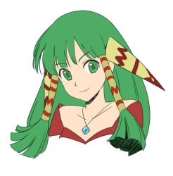 Rule 34 | 1girl, closed mouth, collarbone, cropped shoulders, crystal, feena (grandia), flat color, gem, grandia, grandia i, green eyes, green hair, hair ornament, hair tubes, head tilt, jewelry, long hair, looking at viewer, necklace, portrait, red shirt, shirt, sidelocks, simple background, smile, solo, tarokazu, white background