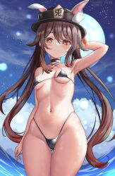 Rule 34 | 1girl, alternate ass size, animal ears, bare shoulders, black choker, black hat, blush, breasts, brown eyes, brown hair, choker, commentary request, cowboy shot, fake animal ears, genshin impact, groin, hat, highres, hu tao (genshin impact), long hair, looking at viewer, moon, navel, rabbit ears, sky, small breasts, smile, solo, standing, star (sky), starry sky, stomach, swimsuit, takenoko pengin, thighs, very long hair