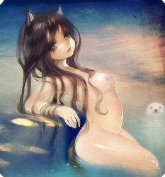 Rule 34 | 1girl, animal ears, arched back, black hair, breasts, cat ears, cat tail, green eyes, highres, lips, long hair, looking at viewer, nicole pmonachi, nipples, nude, onsen, original, partially submerged, seal (animal), small breasts, solo, symbol-shaped pupils, tail, wading, water