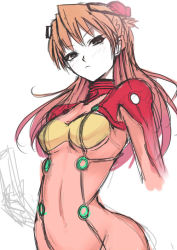 Rule 34 | 1girl, bodysuit, breasts, brown hair, female focus, kasai shin, long hair, multicolored clothes, neon genesis evangelion, partially colored, plugsuit, rebuild of evangelion, sketch, solo, souryuu asuka langley, test plugsuit, white background