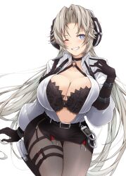 Rule 34 | 1girl, absurdres, azur lane, belt, black belt, black bra, black choker, black gloves, black pantyhose, black skirt, blonde hair, blue eyes, blush, bra, bra peek, breasts, choker, cleavage, collarbone, commentary request, cowboy shot, cuffs, elbow gloves, gloves, grin, gun, hand up, handcuffs, headphones, high-waist skirt, highres, holster, holstered, kronshtadt (azur lane), kronshtadt (begin the rush!) (azur lane), large breasts, long hair, long sleeves, looking at viewer, mikuchi3939, mole, mole on breast, official alternate costume, one eye closed, open clothes, open shirt, pantyhose, parted bangs, pencil skirt, police badge, shirt, sidelocks, simple background, skirt, smile, solo, standing, teeth, thigh holster, underwear, very long hair, weapon, white background, white shirt