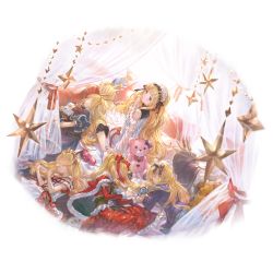 Rule 34 | 1girl, 6+girls, bag, bare shoulders, bed, black ribbon, blanket, blonde hair, blue skirt, book, breasts, cagliostro (granblue fantasy), clone, commentary request, dragon, dress, flower, frilled dress, frills, from behind, granblue fantasy, hair flower, hair ornament, hair ribbon, hairband, handbag, lolita hairband, long hair, long sleeves, looking at viewer, multiple girls, official art, open mouth, purple eyes, red dress, red ribbon, ribbon, rose, simple background, skirt, smile, star (symbol), star hair ornament, stuffed animal, stuffed toy, teddy bear, transparent background, white dress