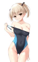 Rule 34 | 1girl, areola slip, blonde hair, breasts, brown eyes, cameltoe, cleavage, clothes pull, commission, competition swimsuit, covered navel, cowboy shot, groin, highres, kore wa zombie desu ka?, kyouko (korezom), large breasts, looking at viewer, ncontrail (mgax7527), one-piece swimsuit, one-piece swimsuit pull, parted lips, short hair, simple background, skeb commission, solo, swimsuit, twintails, white background